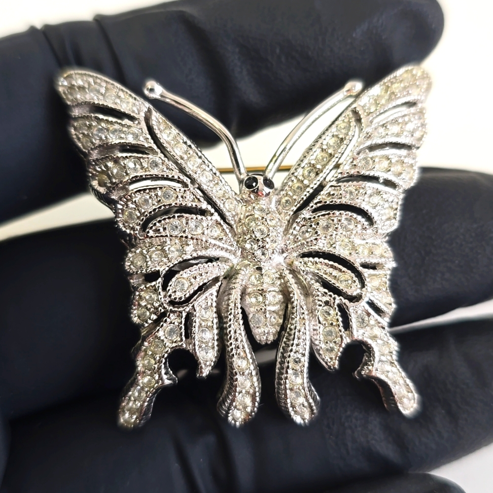 Silver Butterfly Encrusted Queen Crown Brooch / Pin